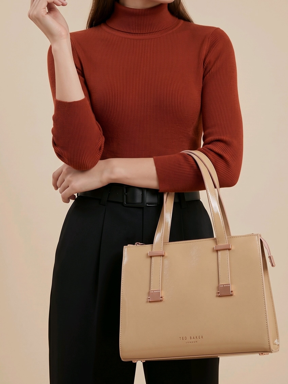 Ted Baker Beige/Tan Patent Leather Tote Bag,Authentic